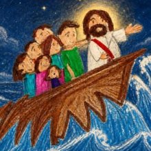 Dibujo de la familia con Jesús en la barca